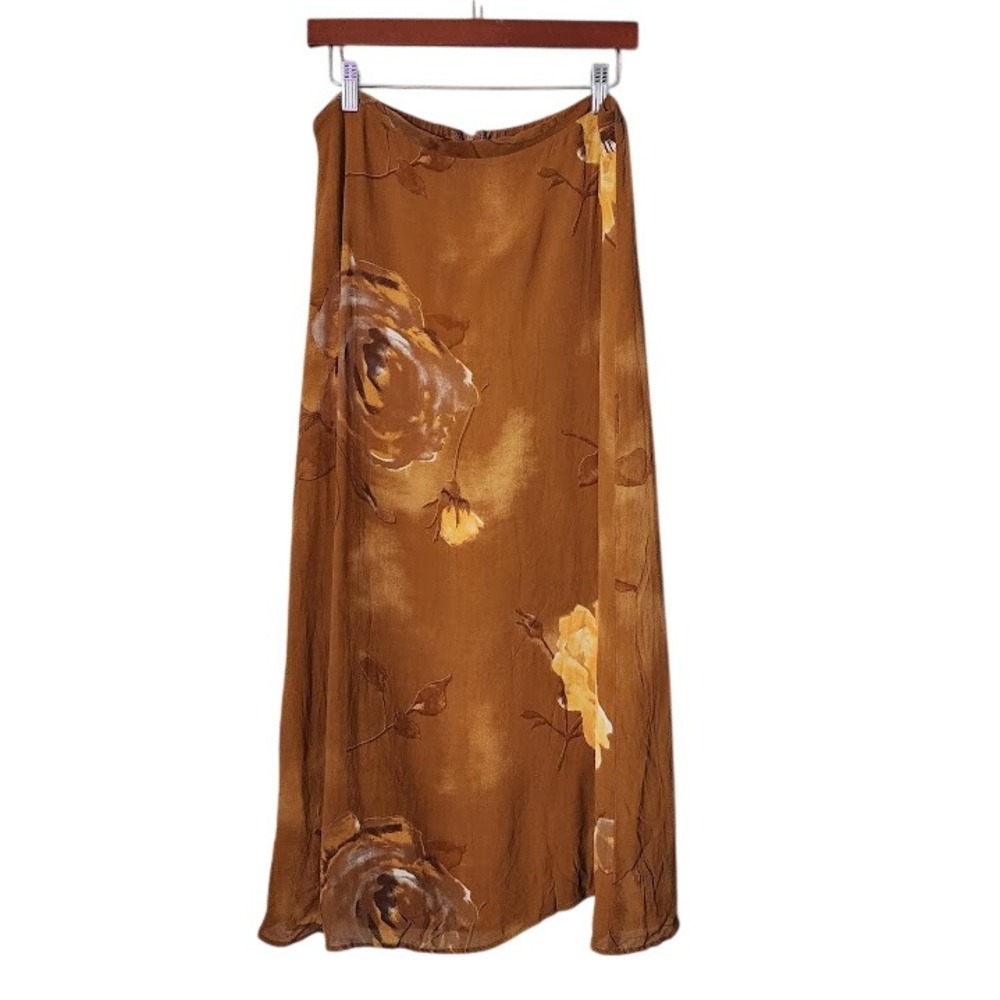 FANTAZIA 90s Floral Rose Print Midi Skirt Rust Brown Cottagecore‎ Size 1X